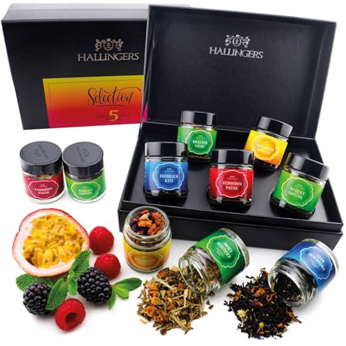 Hallingers Selection - 5 Sorten Tee Geschenkset mit Box, vegan & glutenfrei in Schraubgläsern (Set) - Geschenk im Sommer & als perfektes Grillgeschenk | Geburtstag Glückwunsch Genesung Jahrestag Freun