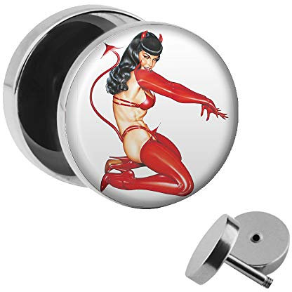 Treuheld | Ohrstecker zum Schrauben - PIN UP Girl - Sexy Teufel in Lack & Leder - Motiv Fake-Plug Ø 10mm Silber - Edel-Stahl Ohr-Ringe - Chirurgen-Stahl 316L Fake-Tunnel - Gewinde Ohr-Stecker - Latex