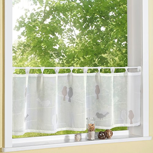 heimtexland ® Scheibengardine Natur Batist mit Schlaufen 45 x 140 cm gewebt mit süßen Vögeln in braun Bistrogardine halbtransparent Modern Landhaus Gardine Vogel Ökotex Typ568