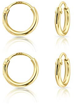 DTPsilver - Damen - Klein Creolen - 2 Paar Ohrringe 925 Sterling Silber Gelb Vergoldet - Helix/Tragus/Knorpel - Dicke 1.2 mm - Durchmesser 8 mm