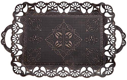 Alisveristime Handgefertigtes großes türkisches Ottomanen-Serviertablett mit floralen Kanten und Griffen, aus Zamak, mehrfarbige Optionen (48 cm L x 30,5 cm B x 2 cm H) (antikes Kupfer)
