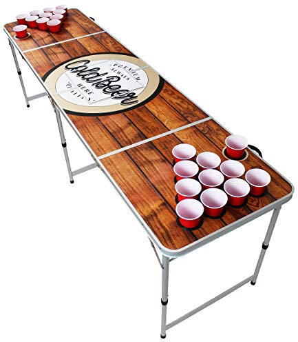 BeerCup-Classics Beer Pong Tisch, Bier Pong Set für Partyspiele, Klappbar & Höhenverstellbar, Wasserfest, mit Eisfach & Red Cups-Becherhalter