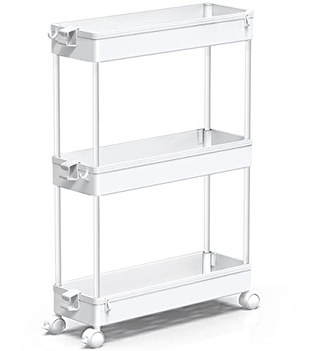 SPACEKEEPER Slim Rolling Storage Cart, 3 Tier Bathroom Storage Organizer Laundry Room Utility Cart Mobile Shelving Unit, Multi-Purpose for Kitchen Office Bathroom Laundry Narrow Places, White