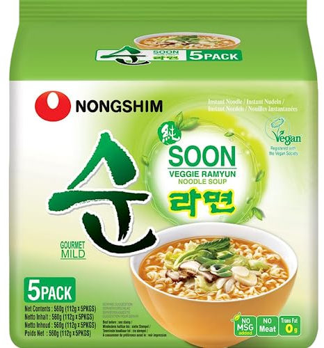 Nong Shim Instantnudeln Soon Veggie Ramyun – Koreanische Gemüse Ramen Suppe mild - schnelle Zubereitung – 1er Multipack - 5 x 120g