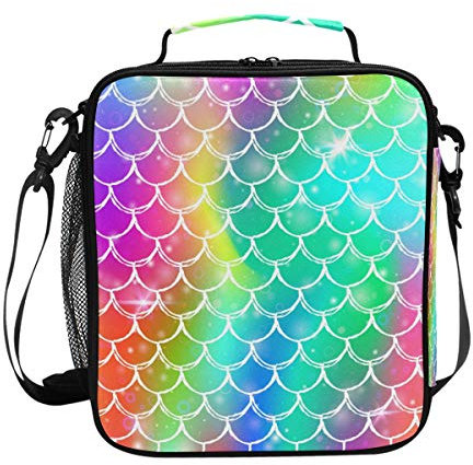 Clorful Mermaid Waage Lunchbox Lunchbox Fischschuppen Ozean Meer Kühltasche Tragetasche Thermotasche Snacks Organizer wiederverwendbare Taschen Schultertasche für Frauen Herren Outdoor Büro Picknick