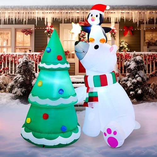 Joiedomi Orso polare natalizio gonfiabile da 1,8 m, orso polare con pinguino e albero di Natale gonfiabile con LED integrati, gonfiabile, per feste di Natale all'aperto, cortile, giardino, decorazione