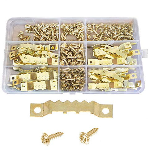100 Pezzi Gancio per Foto per Cornice, con 200 Pezzi Viti, Ganci Appendi Quadri Gancio, Gancio per Dente di Sega per la Decorazione Della Cornice (Dorata)