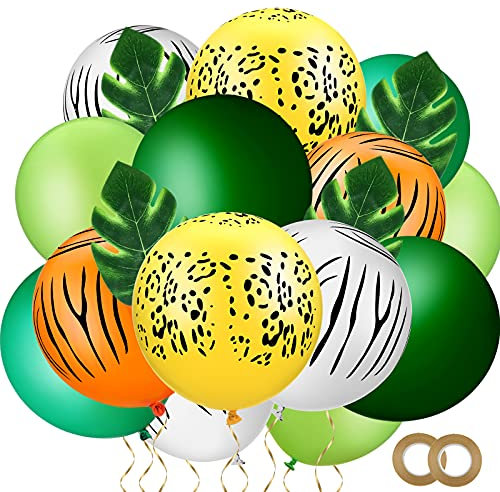 44 Stück Dschungel Safari Thema Party Luftballons Set beinhaltet Tier gestreifte Luftballons Palmblätter grüne Luftballons mit Bändern für Dschungel Thema Party Supplies Geburtstag Party Baby Shower