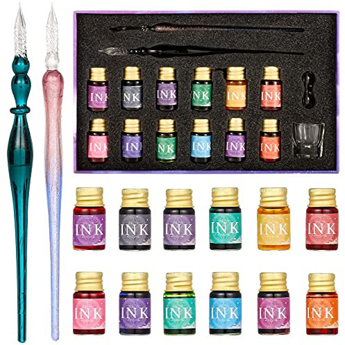 Glass Dip Pen Set 16pcs Crystal Ink Pen Set with 2 Glass Pens, 12 x 7ml Colorful Inks, Pen Holder and Cleansing Cup, Glass Dip Pen and Ink Set for Art, Writing, Drawing, Signatures, Calligraphy, Gift