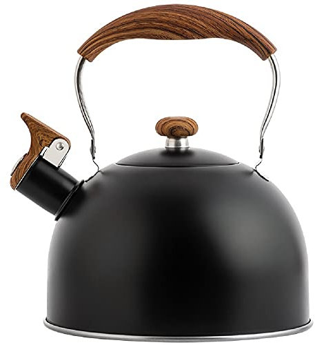 Beruyu Wasserkessel 2,5 L - Wasserkessel für Induktion und Gasherd - Edelstahl Teekessel mit klappbarem Griff - Flötenkessel zum Kochen von Wasser, Tee oder Kaffee (Schwarz)