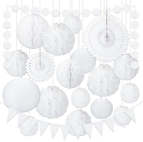 G2PLUS 20PCS White Wedding Decoration - Hanging Pom Poms Flowers - Hanging Paper Fans with Triangle Bunting Flags for Wedding Baby Shower Party Decoration