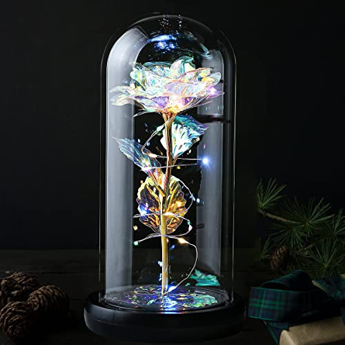 Veryhome Mothers Day Flowers Gifts Rose Gifts for Her Preserved Flowers Women Galaxy Rose Rainbow Light Up Flowers in Glass Dome Christmas Decoration for Valentine's Day Anniversary Mother's Day