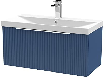 Hudson Reed DFF396D Fluted Modern Bathroom Wall Hung 1 Drawer Vanity Basin Unit with Thin-Edge Ceramic Basin, 800mm, Satin Blue