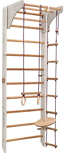 Kletterwand für Kinder mit höhenverstellbarer Stange-Indoor Klettergerüst aus Holz-Wand-Reck, Stange, Gymnastik-Ringe, Kletterseil, schwedische Leiter