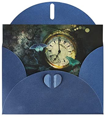 DMORJ Blaue Schmetterlings-Uhren, hochwertige Perlenpapier-Grußkarte, 10,2 x 15,2 cm, für Geburtstagskarte, Hochzeitstag, Einladungskarte