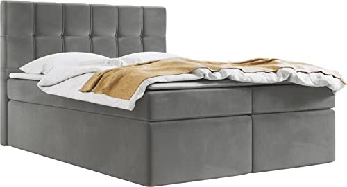 WFL GROUP Boxspringbett mit Bettkasten 140x200 160x200 180x200 Doppelbett Gepolstert Bett Mit Matratze und Topper - Stauraumbett mit Kopfteil - 180 x 200 cm - Grau Samt