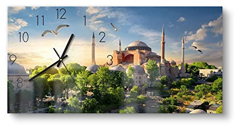 DEQORI Glasuhr | vertikal 60x30 cm | Motiv Hagia Sophia am Abend | große XXL Design Uhr aus Glas | leise Wanduhr für Wohnzimmer & Küche | moderne Hingucker Uhr für die Wand