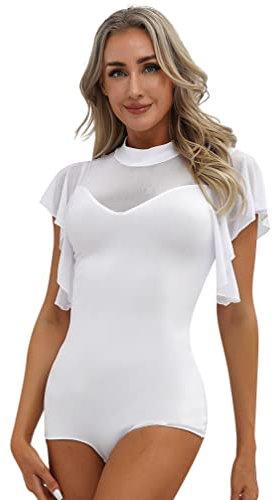 Sxiwei Women Ruffle Sleeves Mesh Patchwork Gymnastics Leotard Latin Dancewear Bodysuit Top Jumpsuit White XL