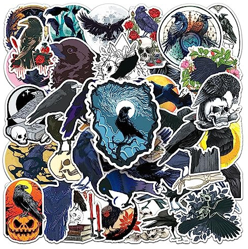 Crow Stickers 50 PCS Vinyl Horror Birds Stickers for Skateboard Laptop Water Bottle Luggage Helmet Phone Computer Guitar Car,Waterproof Cartoon Animals Sticker for Teens Adults Kids