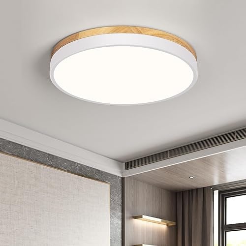 Qamra LED Deckenlampe, Deckenleuchte Holz 30cm, Weiß Lampe für Wohnzimmer Schlafzimmer Küche Flur Esszimmer 24W 4000K