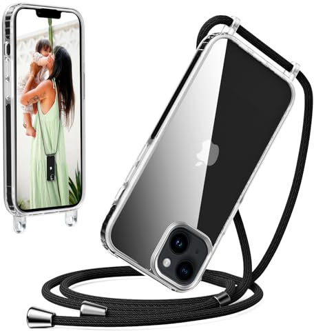 Oududianzi - Coque Compatible avec iPhone 14 Cordon Case, Housse Étui de Téléphone Couvrir avec Lanière Pratique Cordon, Transparente Silicone TPU Bumper Souple Lanyard Case Tour de Cou Chaîne - Noir