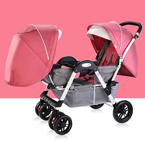 Doppelter Tandem Kinderwagen Organizer-Angesicht Zu Angesicht Faltbarer Zwillingskinderwagen Für Säuglinge Und Kleinkinder, Convertible Reclining Kinderwagen, Verstellbares Verdeck (Color : Roze)