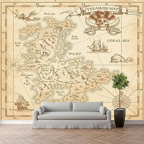 Maßgeschneiderte 3D-Tapeten-Wandbilder Piraten-Schatzkarte Kindertapete Vintage-Karte Große Tapeten Wandbilder für Wände Wohnzimmer, Schlafzimmerdekoration 150x105cm