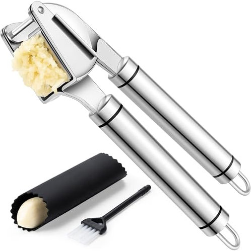 Rainspire Premium Knoblauchpresse Edelstahl, Knoblauchwolf Werkzeug, Knoblauchzerkleinerer Werkzeug, Knoblauchzerkleinerer Knoblauchstampfer Inklusive Silikon Knoblauchschäler & Reinigungsbürste,