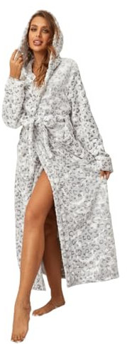 LVTFCO Signore accappatoio flanella vestaglia donne con cappuccio e scialle asciugamano più lungo, Leopard-XL
