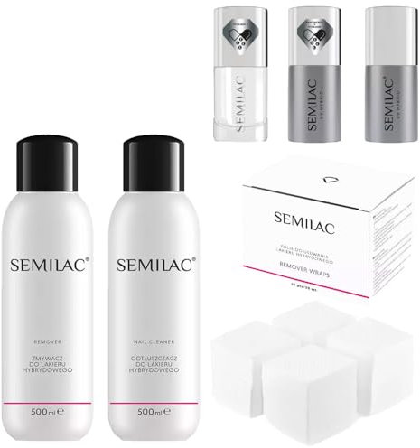 Semilac Maniküre-Set: Hybridlack-Entferner, Primer, Top Coat, Folien, Cleaner & Sensitive Care Base – Professionelle Nagelpflege