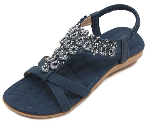 Amissz Women Sandals Flat Shoes Comfort Walking with Non Slip on Casual Summer Beach Sandals Dress Ankle Elastic Open Toe Rhinestone Bohemian Navy blue Size 6