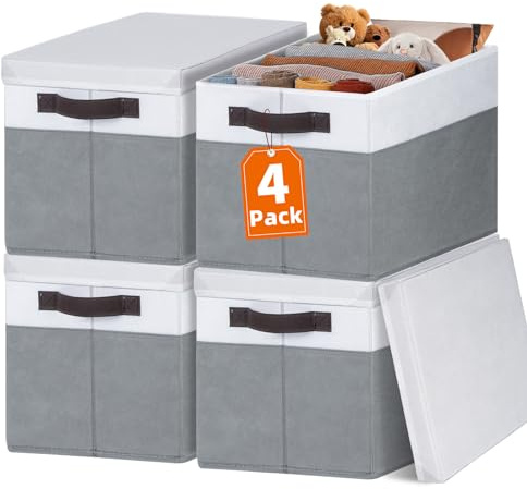 Large Closet Storage Baskets Bins with Lids 4 Pack, Storage Baskets for Organizing Shelves Nursery Bedroom, Home Dorm Closet Organizers Cubes for Clothes Toys Blanket Book - Stackable -14x10x9.5