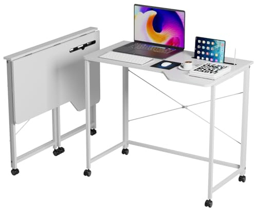 Bureau Pliable, Table Pliante Interieur 90x56x75cm, Bureau D'ordinateur Mobile Avec 4 Roulettes, Bureau Pliable Petit Espace avec Fente pour Carte, Cadre en Métal, Bureau Pliant pour Étudier (Blanc)