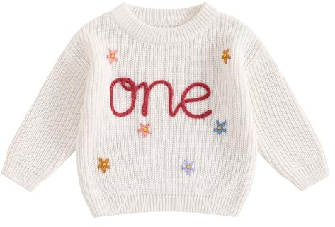 MAHUAOYIXI Baby Girl First Birthday Sweater Casual Long Sleeve Crew Neck Letter Flower Embroidery Ribbed Knit Pullover Warm Sweater Toddler Clothes Knitwear Girls Birthday Gift
