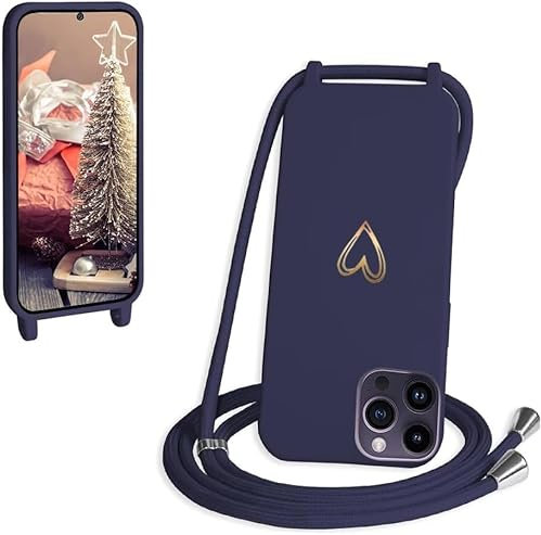 CaseLover Handyband kompatibel mit iPhone 12 Pro/iPhone 12 Hülle mit Band Herz Muster Silikon Necklace Handyhülle mit Abnehmbar Kordel zum Umhängen Stossfest Bumper Handy Schutzhülle Case, Navy Blau