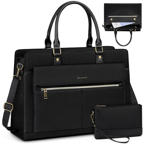 RAINSMORE Handtasche Damen Groß Shopper Tasche Damen Arbeitstasche 15.6 Zoll Laptoptasche Wasserdicht PU Leder Uni Tasche Lehrertasche Aktentasche Schwarz