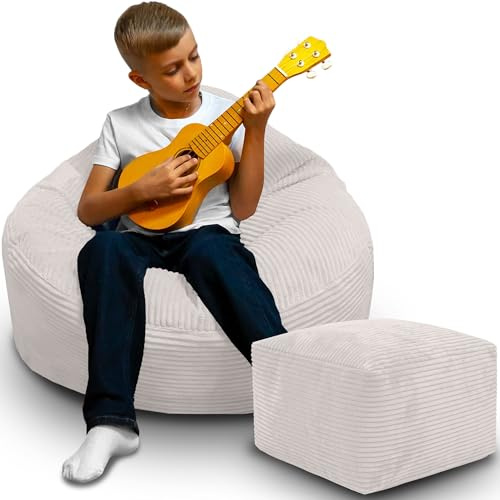 DreamRoots Sitzsack Erwachsene Cord oder Kinder - Bean Bag Sofa - Sitzsack Cord mit Hocker und Bezug - Sitzsäcke mit Füllung 70x70x70 cm White Dove