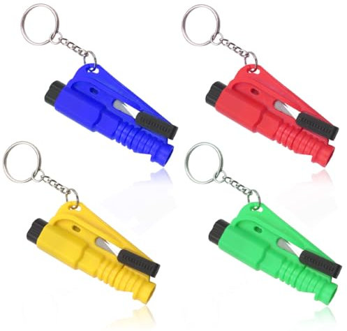 QOMJUFA 4 Pezzi Rompivetro 2-in-1 e Taglia Cintura di Sicurezza, Lo Strumento Portachiavi per Fuga di Emergenza Originale per Auto, Taglia Cinture di Sicurezza e Rompivetro
