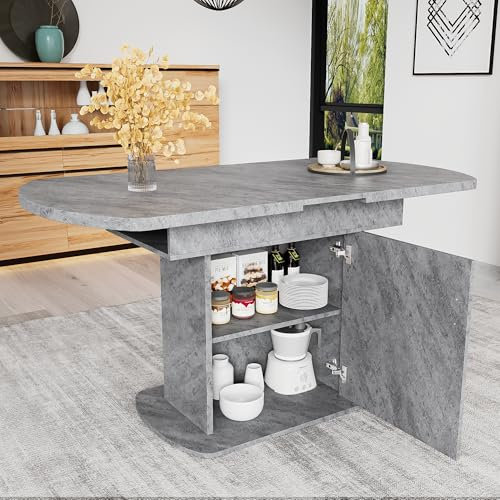 Ausziehbarer ovaler Esstisch, L110/130*W70*H75cm,Esstisch mit Stauraum, Kaffee-Freizeittisch, moderner minimalistischer Esstisch, platzsparender multifunktionaler Esstisch, Betonoptik+silberner Griff