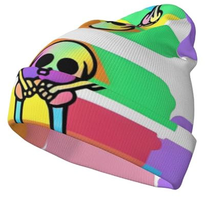 PHAYAH Herren Strickmütze mit bunten Totenköpfen und Bündchen, Unisex, für Damen und Herren, Strickmütze, Wintermütze