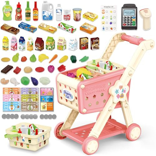 RedCrab Einkaufswagen für Kinder mit Scanner, 74 Stück Lebensmittel Pretend Play Kaufladen Zubehör, Kinder Einkaufswagen Rollenspiel Küche Spielset für Jungen und Mädchen ab 3 Jahre (Rosa)
