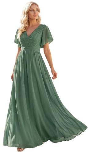 Ever-Pretty Women's Maxi Empire Waist V Neck Short Sleeve Floor Length Chiffon Evening Long Dresses Eucalyptus 30UK