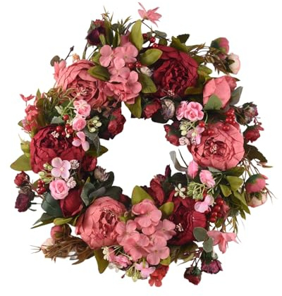 Diheohg Dekorativer TüR Kranz, Seidenblume Pfingstrose Kopf Blumen Kranz 40Cm Handgemachte Girlande für Herbst Winter Aussen Display Rot