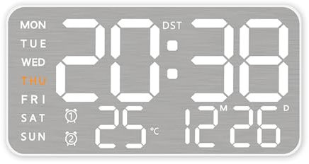 ThreeH Digitaluhr aus gebürstetem Metall - LED Display Datum Wochentag Temp USB Wand montiert für Zuhause Büro, Weiß
