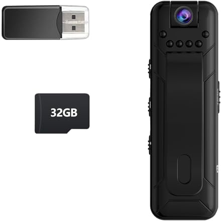 Bextgoo Bodycam, 1080P Mini Kamera mit 32GB TF Karte, 10 Stunden Akkulaufzeit Körperkamera,180° Drehbares Objektiv, Kleine Kamera Ohne WLAN für Reisen, Fahrrad, Outdoor-Sicherheit