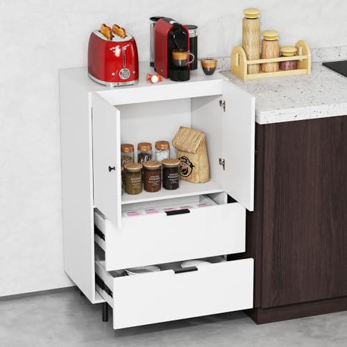GOPLUS Commode Buffet, Armoire de Rangement avec 2 Tiroirs et Placard à Portes, Meuble Rangement Autoportant avec Pieds Métal Surélevés, pour Salon, Salle à Manger, Cuisine,60 x 41,5 x 102 CM (Blanc)