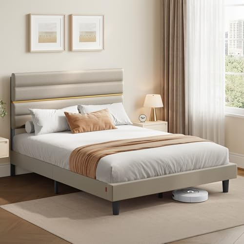 VASAGLE Lit Double, Cadre de Lit, Convient pour Un Matelas de 160 x 200 cm, Tête de Lit Rembourrée Ajustable, en Métal, Bois Massif, Moderne, Beige Cappuccino RMB505LH01
