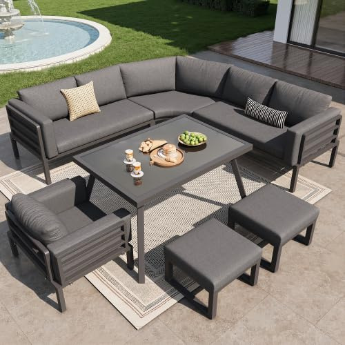 Yrxin Halbmond-förmiges Gartensofa-Set für 8 Personen/Robustes Eisengestell mit grauen Polstern/Komplett mit Glastisch, 1 Sessel & 2 Hockern/Wetterfeste Terrassenmöbel für Balkon
