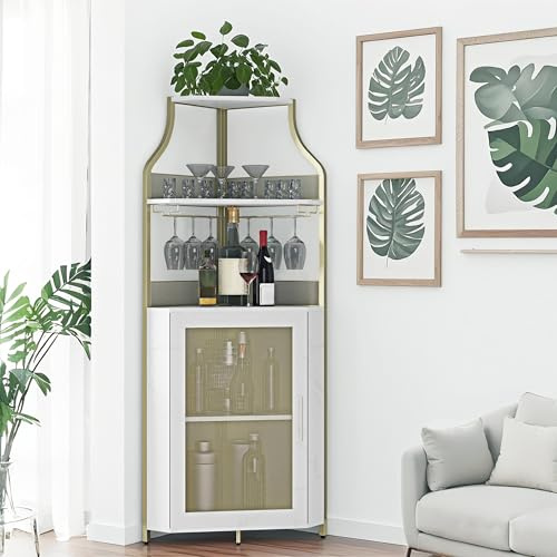 Garvee Eck-Weinregal mit Glashalter, Barschrank mit Netztür, Eckschrank für Weinflaschen & Gläser, Moderner Eckbartresen in Marmor-Optik & Gold, Platzsparendes Eckregal für Wohnzimmer, Küche, Hausbar