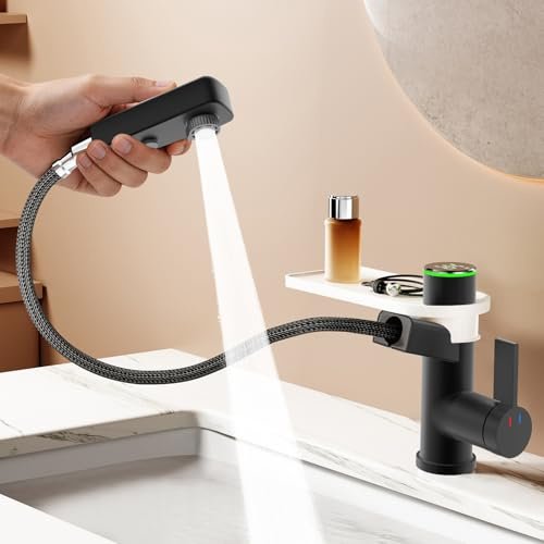 KAIYING Grifo monomando para lavabo con ducha extraíble, grifo de baño extensible con 3 modos, monomando con indicador de temperatura (batería), color negro